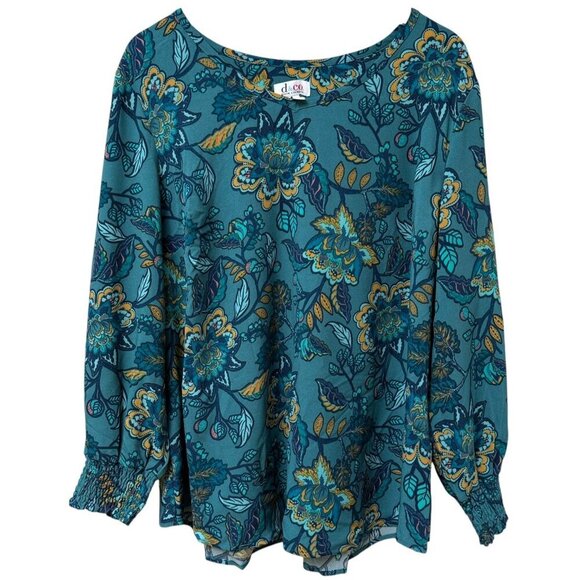 Denim & Co. Floral Blouse Plus Size 1X Teal Blue Long Sleeve Womens Top Pullover - Picture 1 of 8